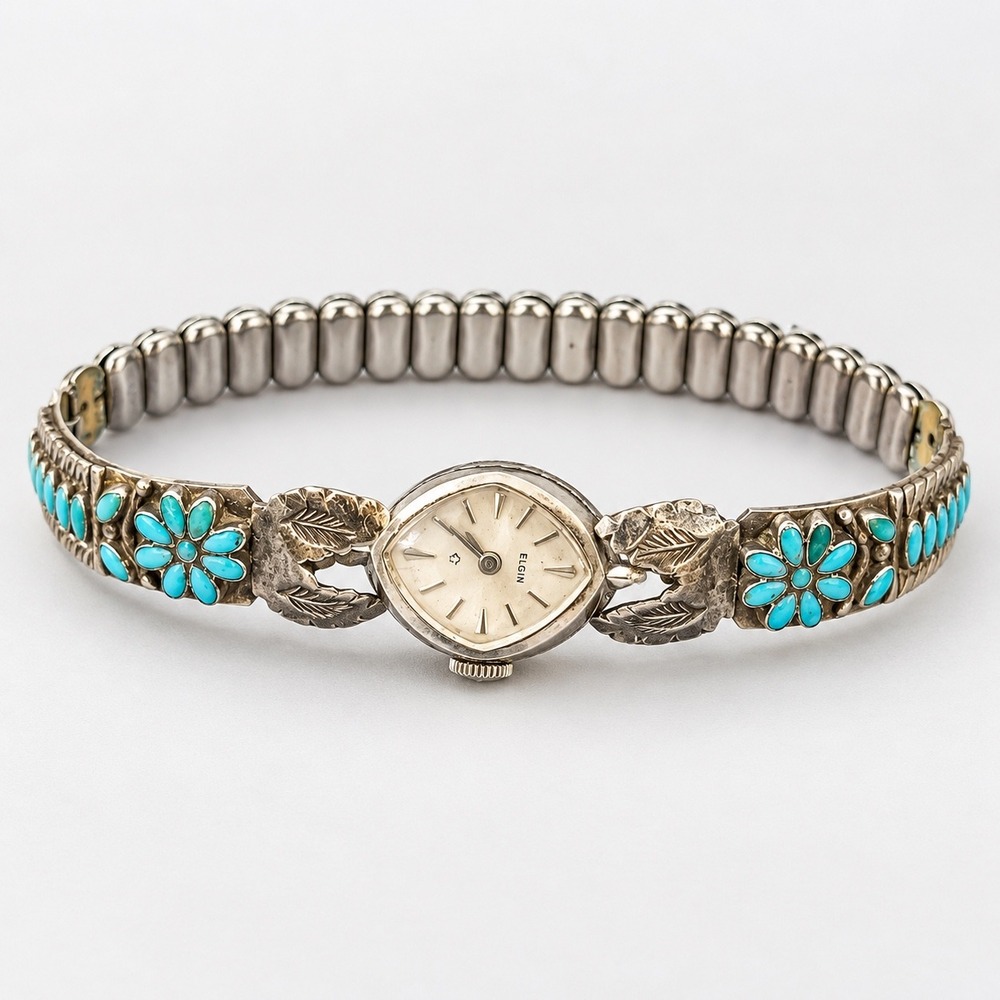 Vintage Elgin Ladies Watch 10K RGP Turquoise Floral Southwestern Stretch Band